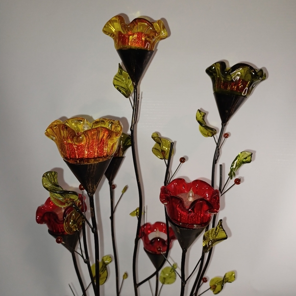 Elegant Vintage Floral Glass & Wrought Iron Tealight Holder Art Sculpture Decor - Picture 8 of 12